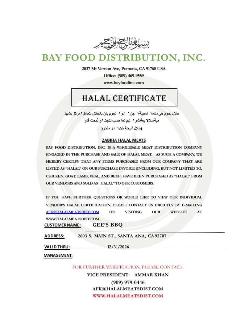Halal certificate for Gee's BBQ from Bay Food Distribution, valid through December 31, 2026